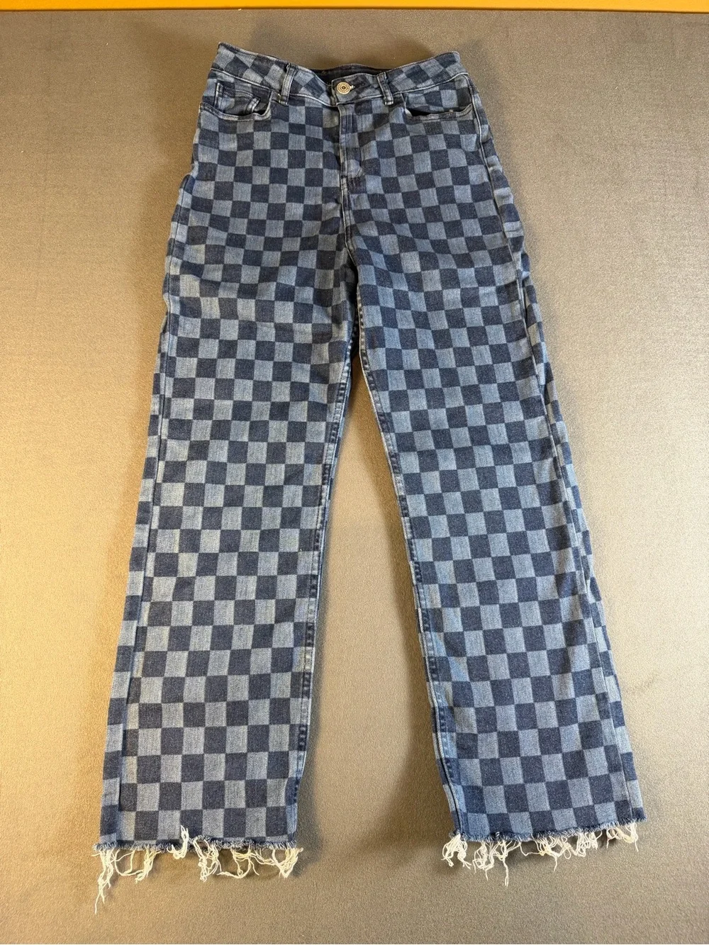 Women's Blue Checkerboard Straight-Leg Jeans